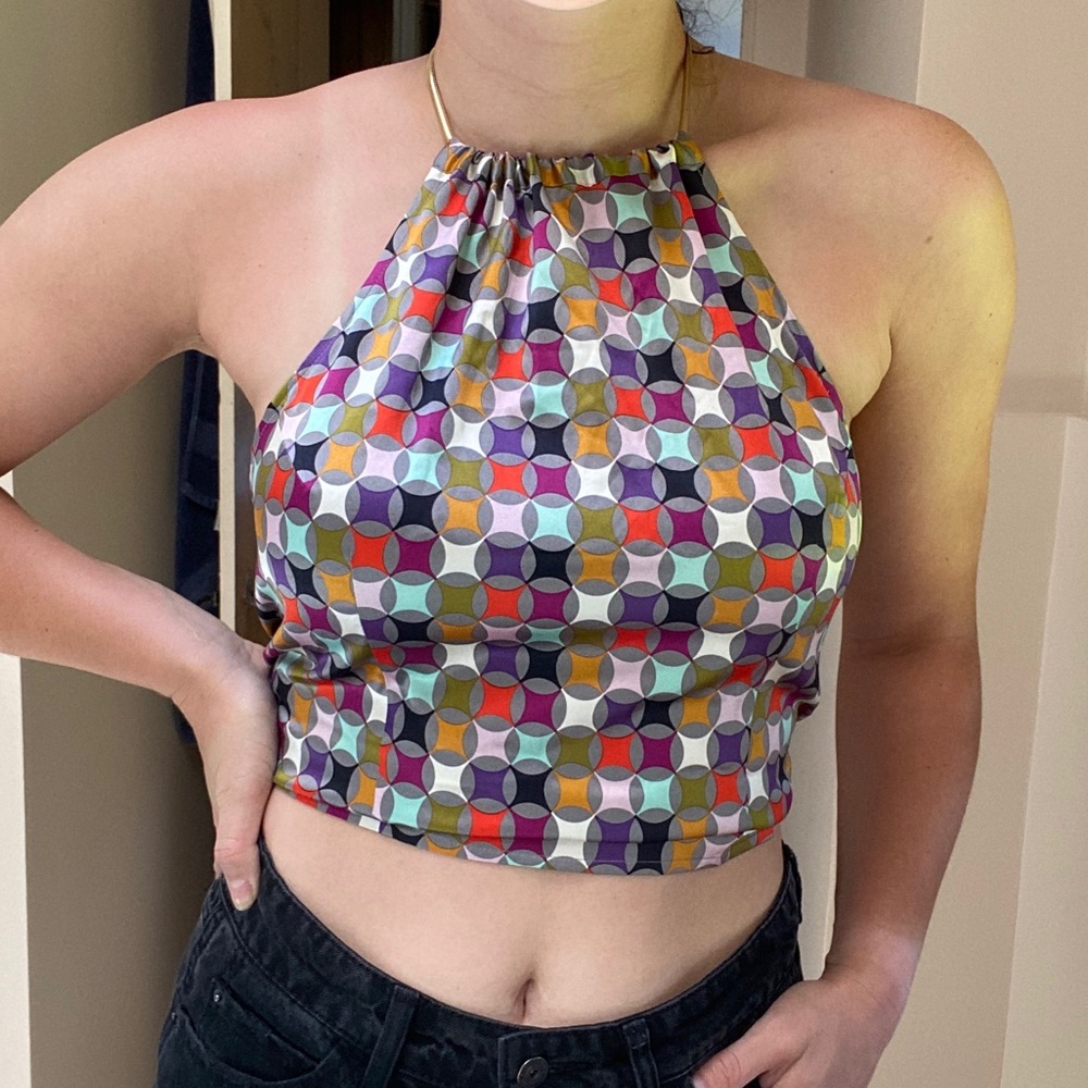 Vintage Silk Halter Tie Back Pattern 70s Crop Top